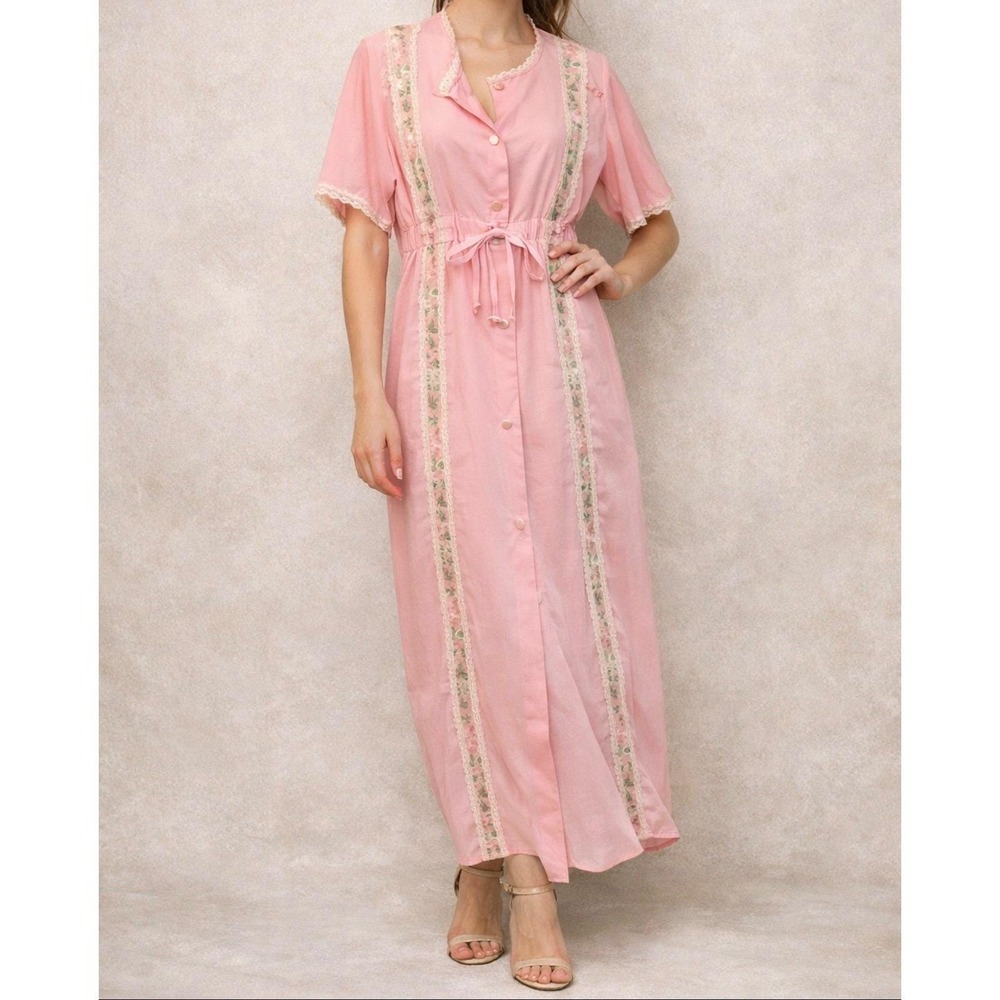 Vintage Pink Maxi Dress Button Front House Dress Nightgown Lace Trim M L - Picture 2 of 8